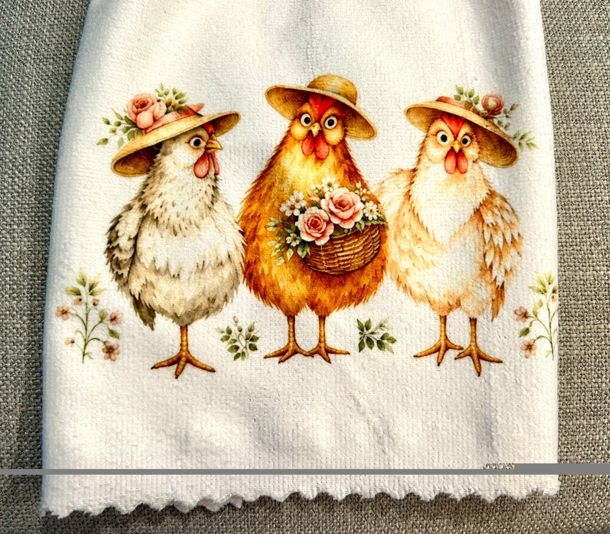 Chicken Hen Rooster | Crochet top kitchen towel | Farm Life | Fancy Hens Jewel Button | Home Decor Gift