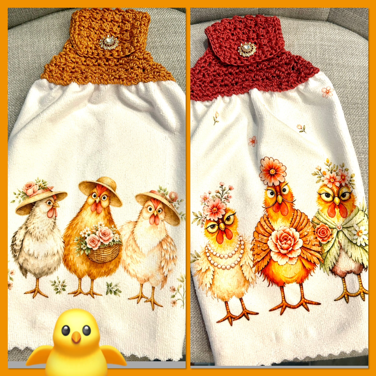 Chicken Hen Rooster | Crochet top kitchen towel | Farm Life | Fancy Hens Jewel Button | Home Decor Gift