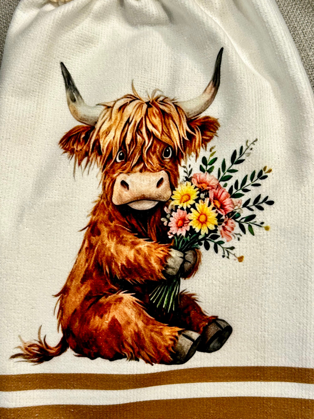 Crochet top kitchen towel | HIGHLAND cows Floral Designs | Farm Life | Home Decor Gift