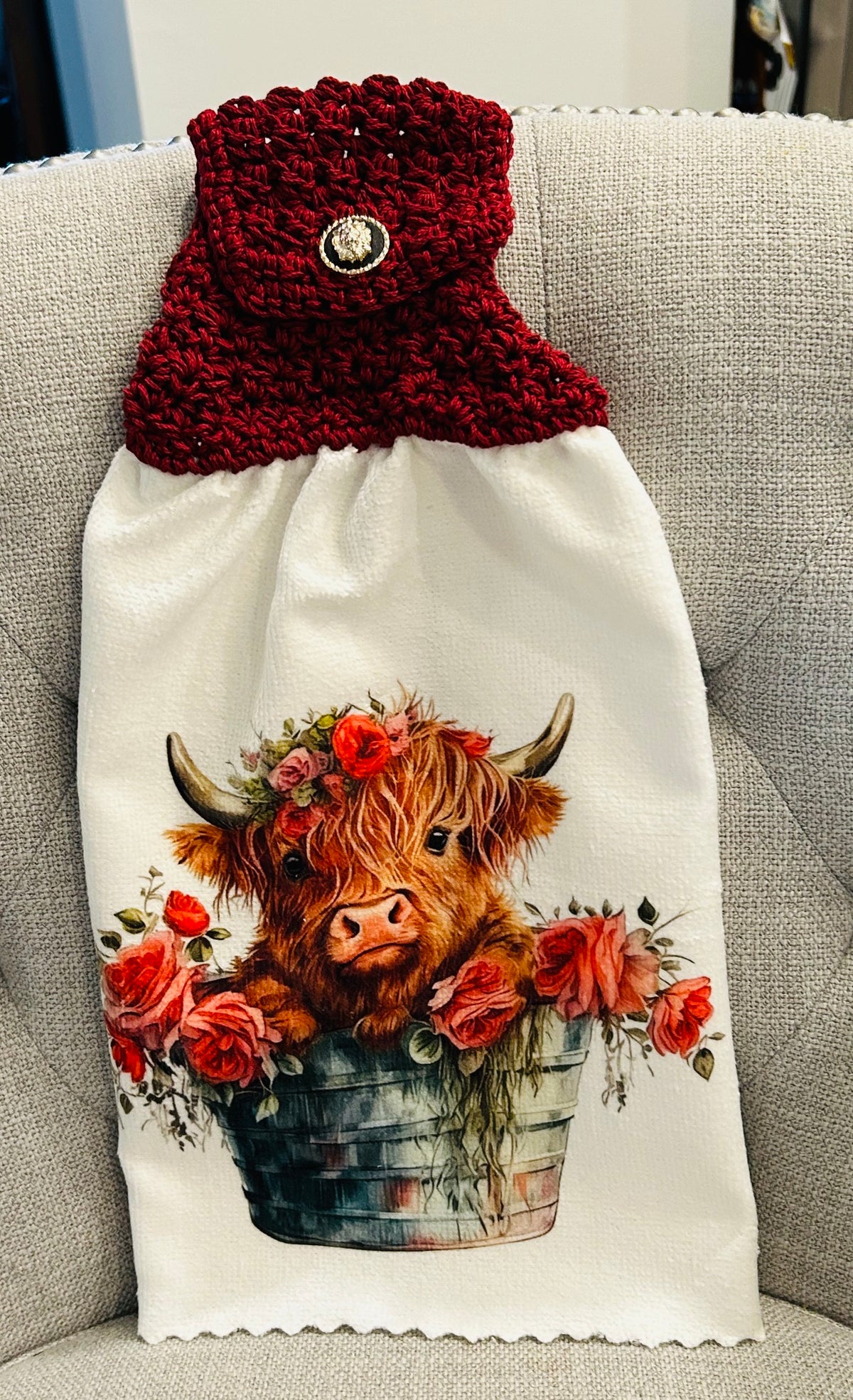 Crochet top kitchen towel | HIGHLAND cows Floral Designs | Farm Life | Home Decor Gift