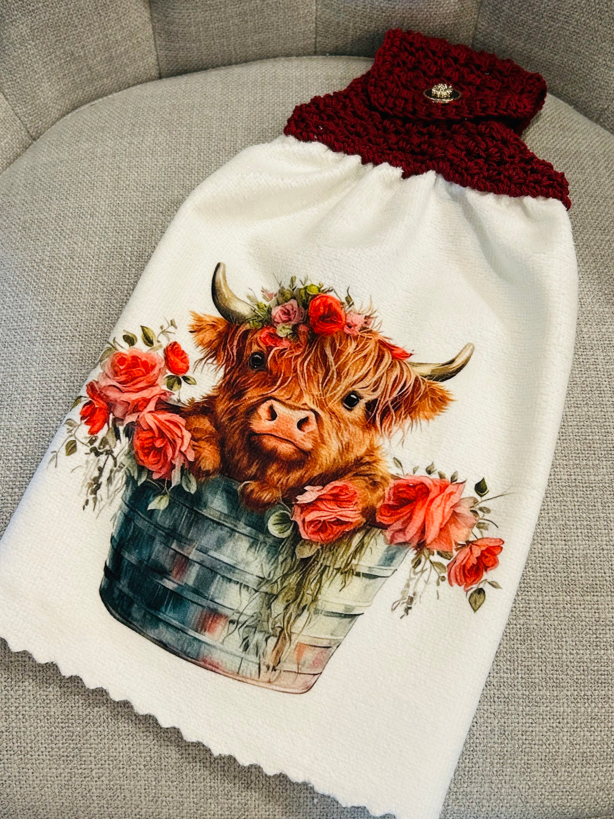 Crochet top kitchen towel | HIGHLAND cows Floral Designs | Farm Life | Home Decor Gift