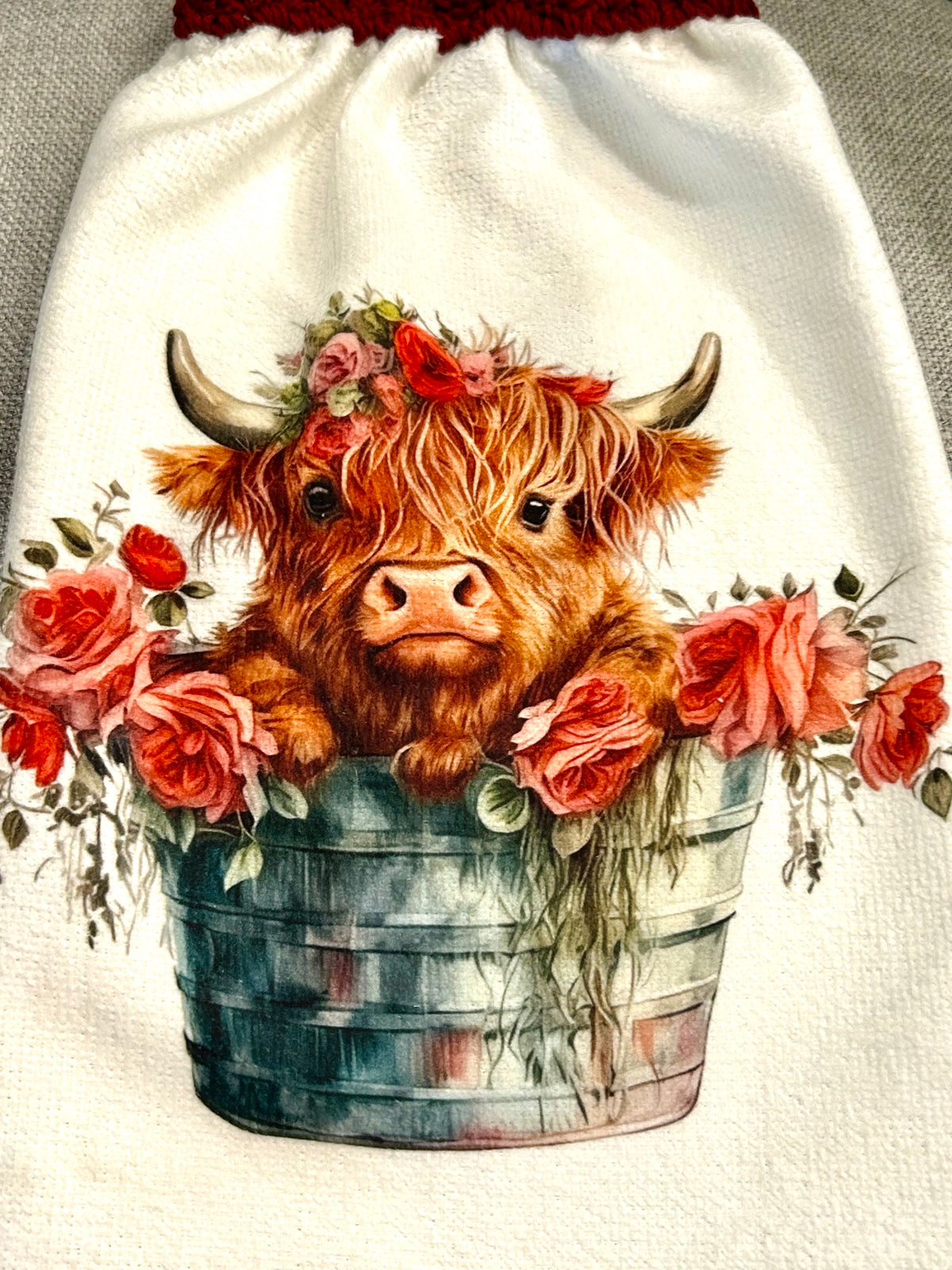 Crochet top kitchen towel | HIGHLAND cows Floral Designs | Farm Life | Home Decor Gift