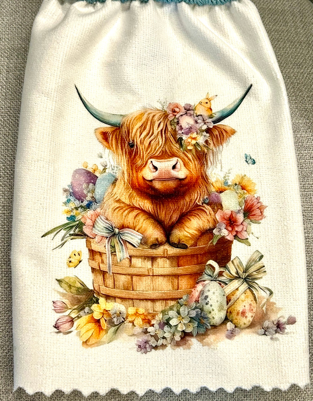Crochet top kitchen towel | HIGHLAND cows Floral Designs | Farm Life | Home Decor Gift