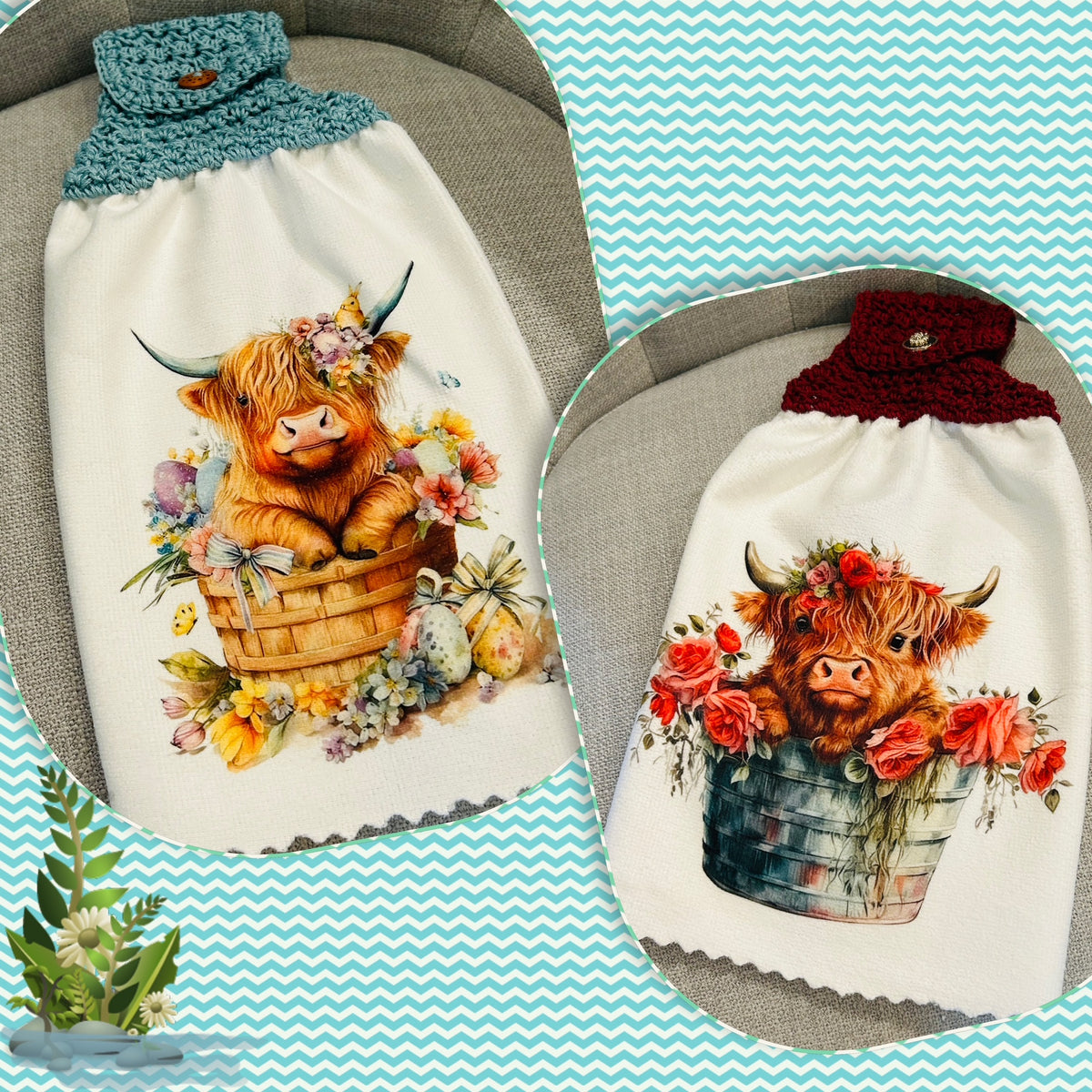 Crochet top kitchen towel | HIGHLAND cows Floral Designs | Farm Life | Home Decor Gift