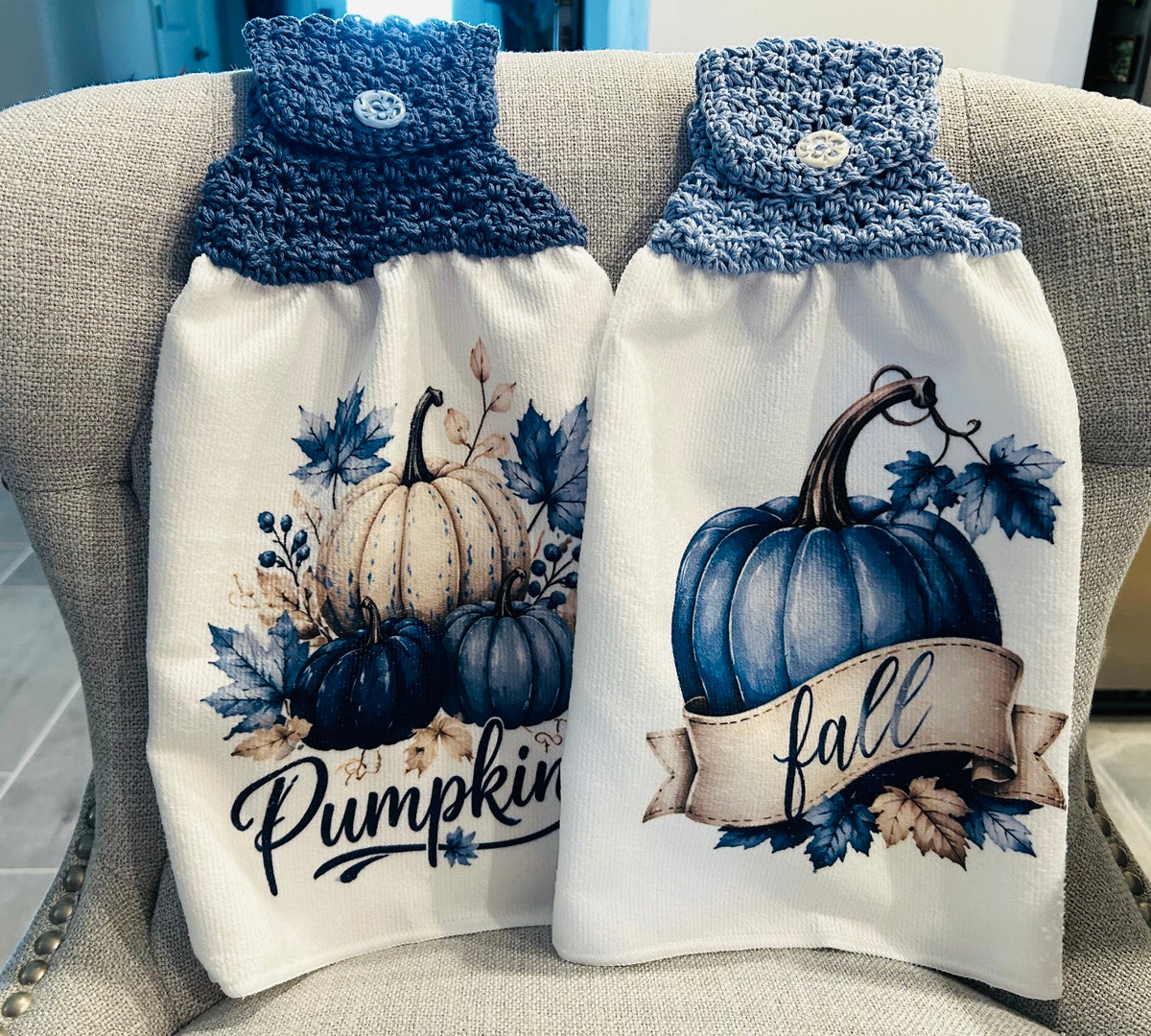 Crochet top | Kitchen towels | PUMPKINS Blue Soft Colors | Home Decor Gift