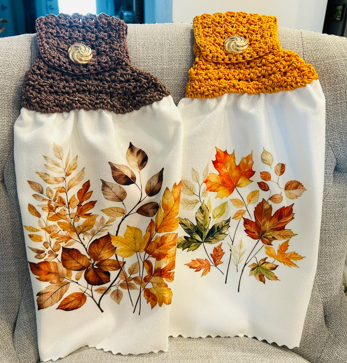 Crochet top | Kitchen towels | FALL LEAVES Bright Colors | Home Decor Gift