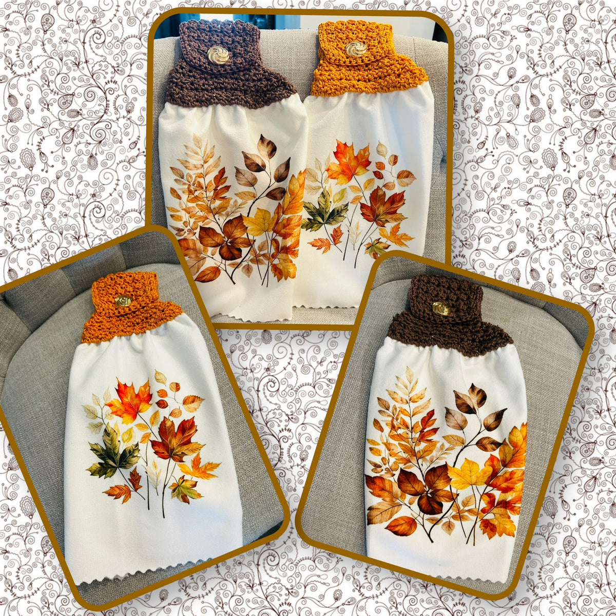 Crochet top | Kitchen towels | FALL LEAVES Bright Colors | Home Decor Gift