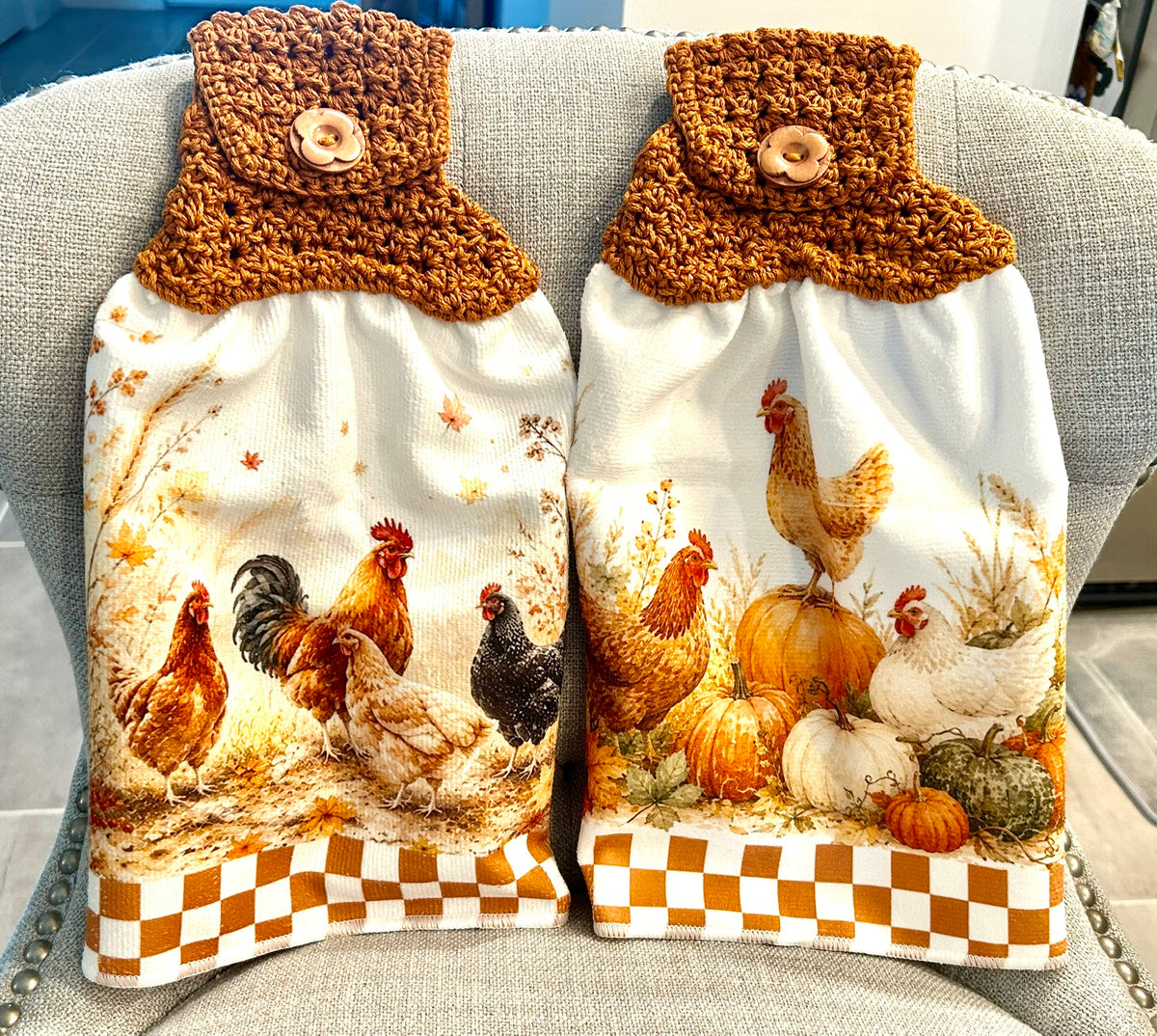 Chicken Hen Rooster | Crochet top kitchen towel | Fall Farm Life | Pumpkins | Home Decor Gift