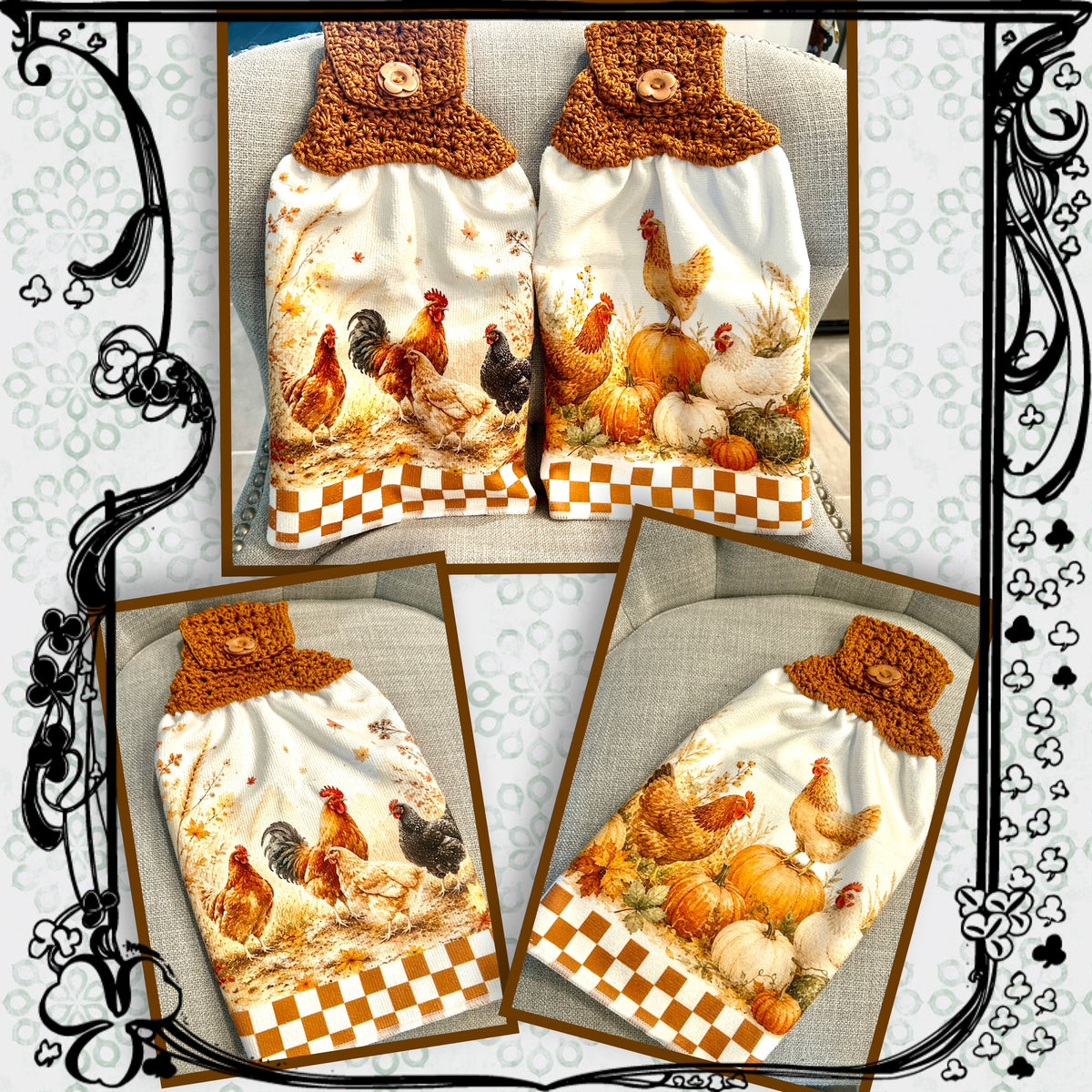 Chicken Hen Rooster | Crochet top kitchen towel | Fall Farm Life | Pumpkins | Home Decor Gift