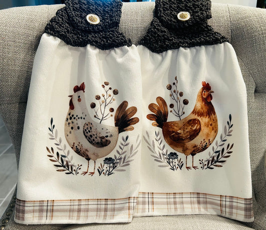 Chicken Hen Rooster| Crochet top kitchen towel | Farm Life Plaid White Jewel button | Home Decor Gift