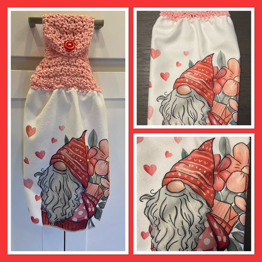 VALENTINES DAY Gift - GNOME with Flowers and Hearts - Kitchen Towel with crochet top