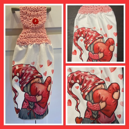 VALENTINES DAY Gift - GNOME with Heart - Kitchen Towel with crochet top