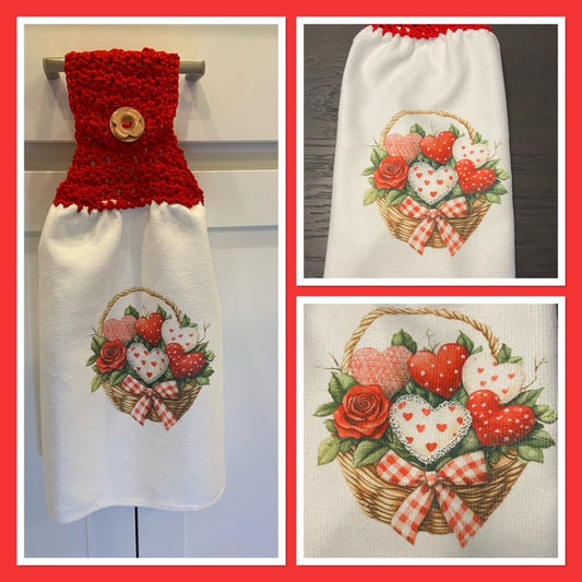 VALENTINES DAY Gift - Hearts and Basket - Kitchen Towel with crochet top