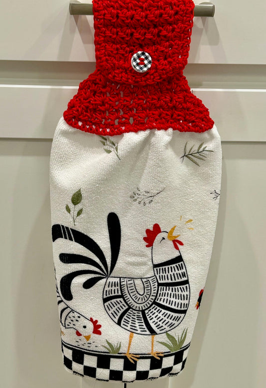Crocheted top kitchen towel Chicken collection - hens checkered field