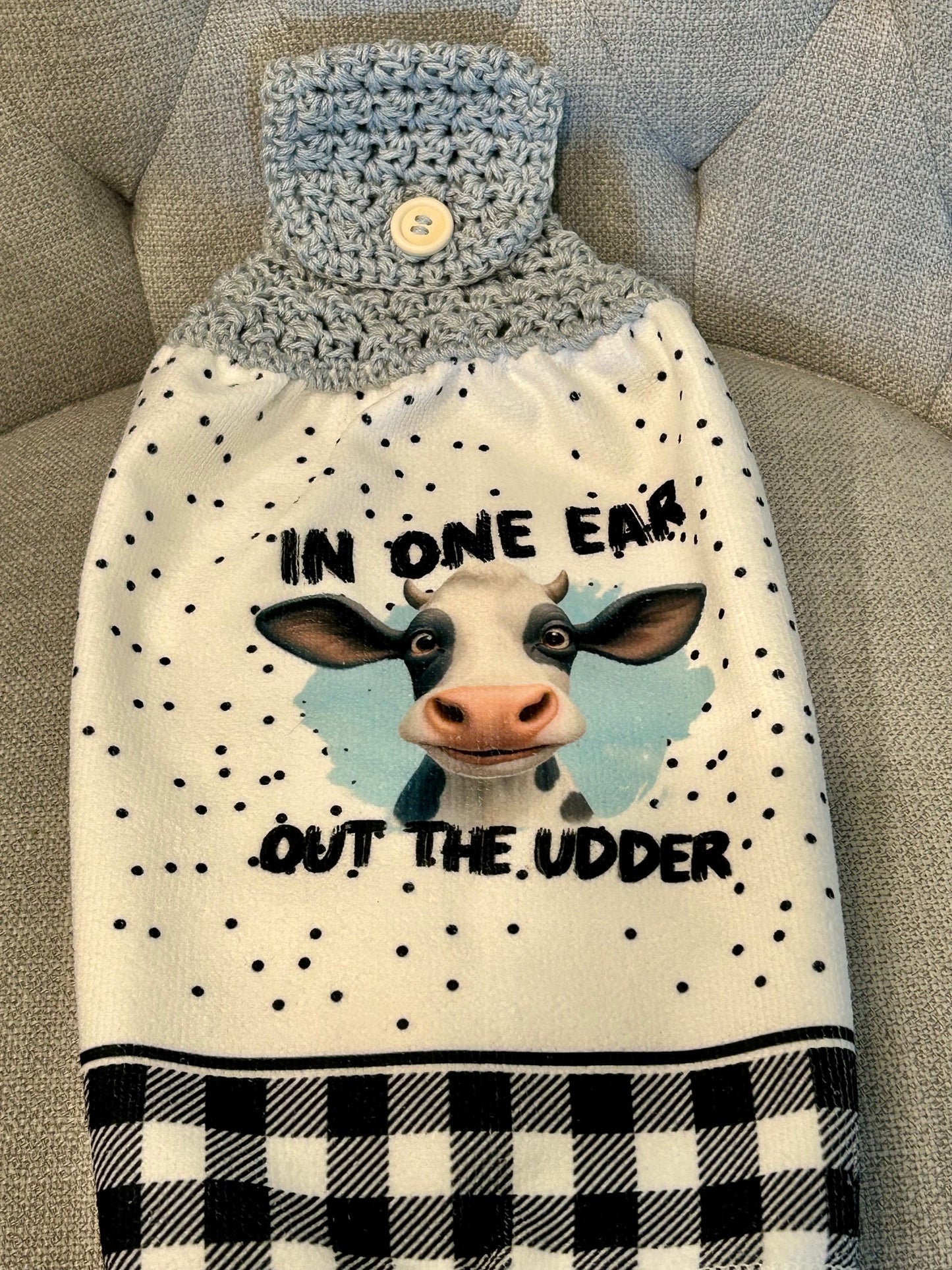COW with Funny saying - Farmhouse deco kitchen towel -  cartoon style with crochet top (light blue color)