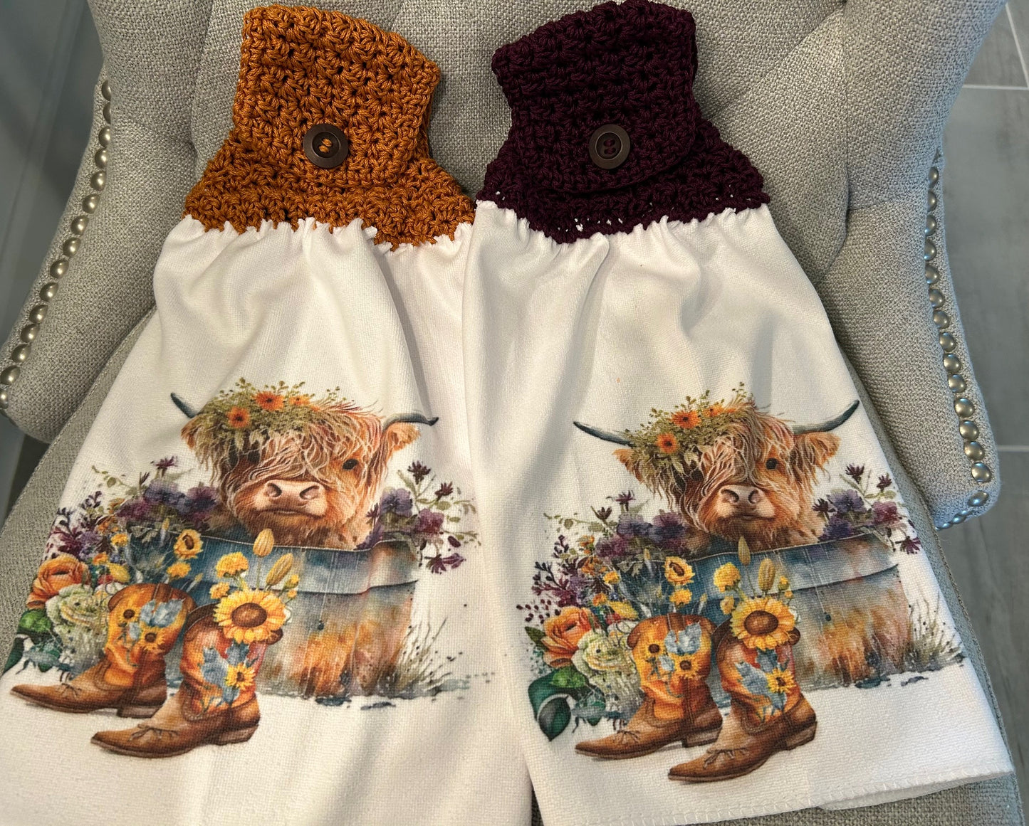Highland COW farmhouse decor towel with crochet top