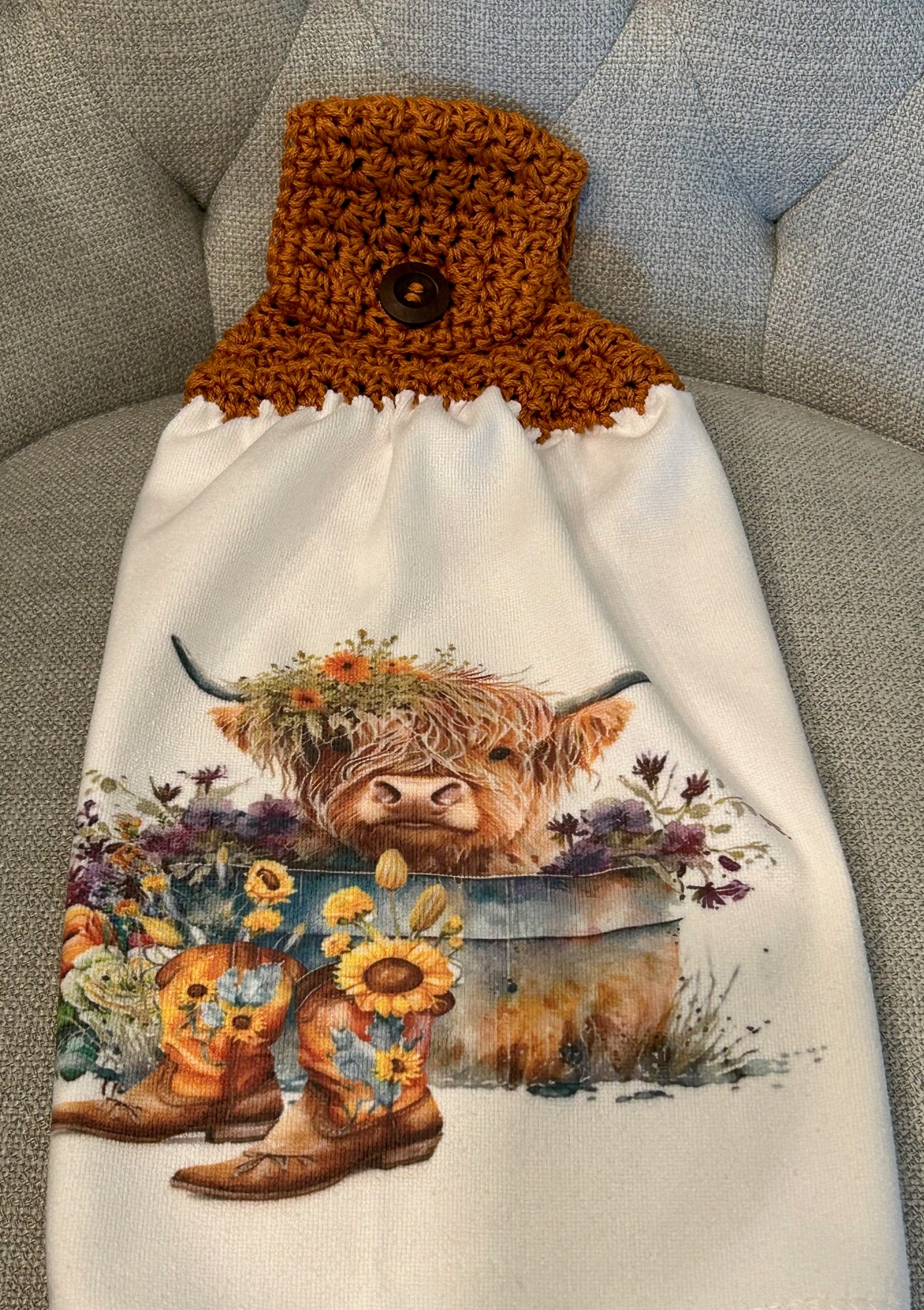 Highland COW farmhouse decor towel with crochet top