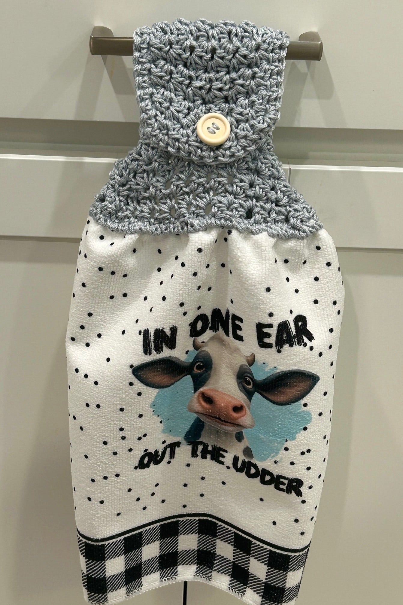 COW with Funny saying - Farmhouse deco kitchen towel -  cartoon style with crochet top (light blue color)