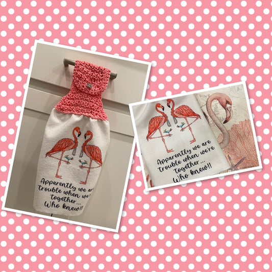 FLAMINGO Cocktails & Trouble (pink or black) Kitchen/Bar Towel with crochet top