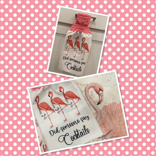 FLAMINGO and Cocktails (pink or black) Kitchen/Bar Towel with crochet top