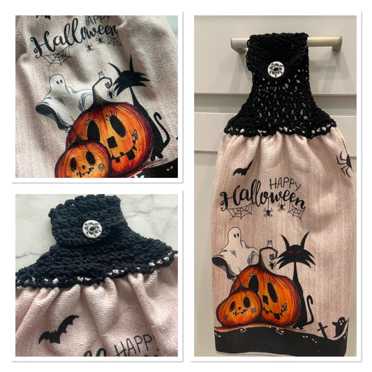 Crocheted top kitchen towel - Halloween ghost cat pumpkin