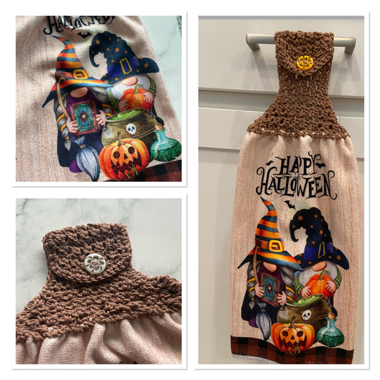 Crocheted top kitchen towel - Halloween gnome