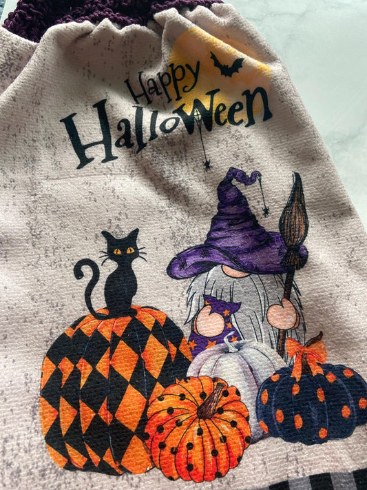 Crocheted top kitchen towel - Halloween checkered pumpkin