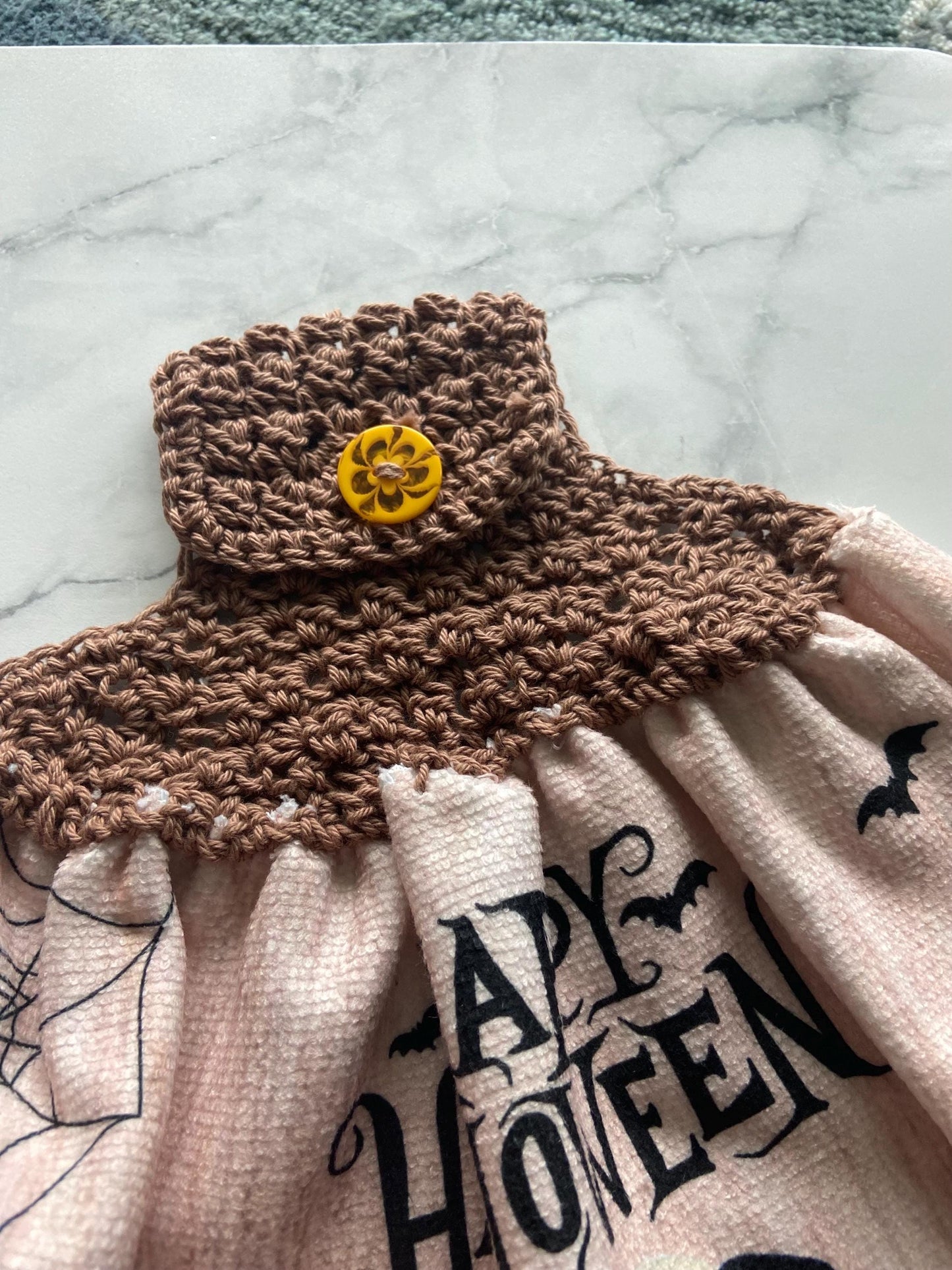 Crocheted top kitchen towel - Halloween gnome