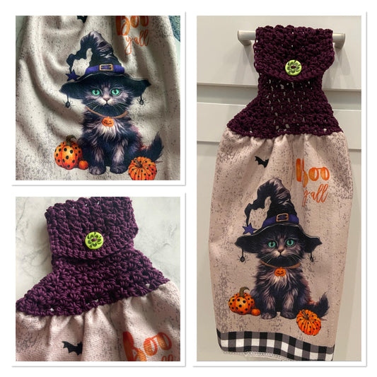 Crocheted top kitchen towel  - Halloween cat in hat