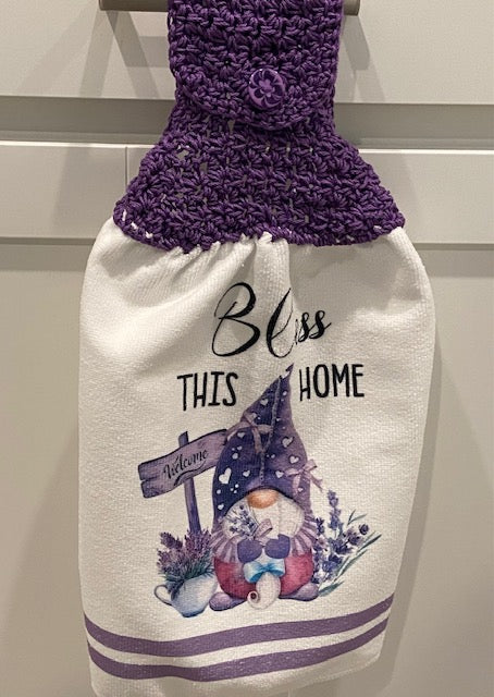 Crocheted top kitchen towel - purple gnome
