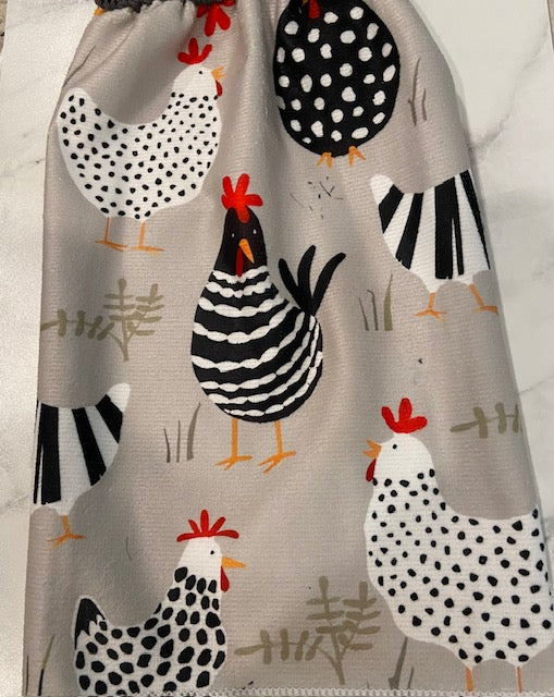 HENS and Chickens - Kitchen Towel with crochet top