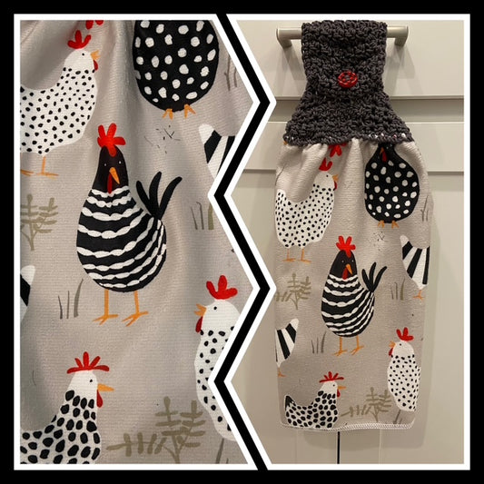 HENS and Chickens - Kitchen Towel with crochet top