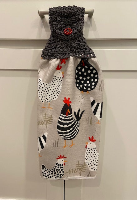 HENS and Chickens - Kitchen Towel with crochet top